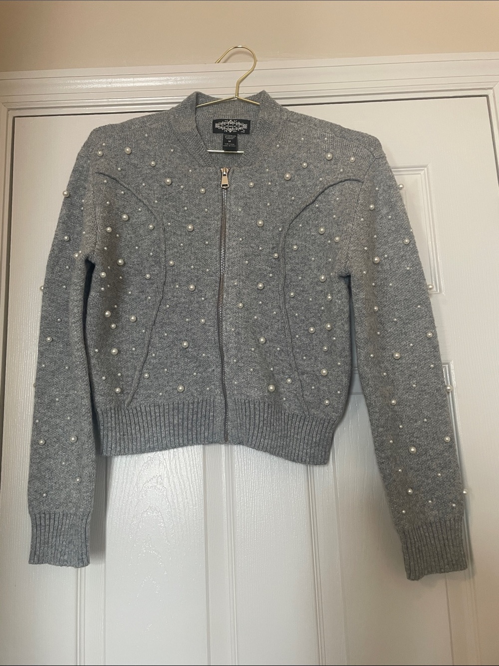 Oliver. O Light Gray Pearl-Studded Zip Cardigan